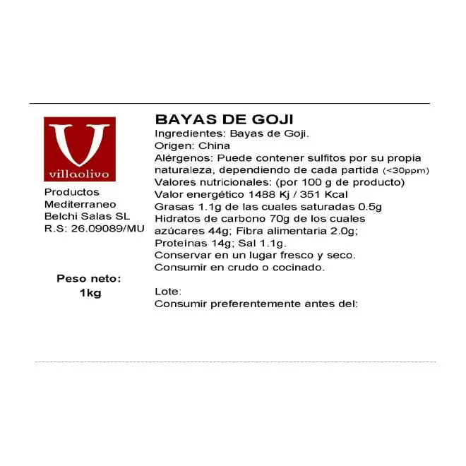 Bacche di Goji disidratate Villaolivo da 1 kg – Superalimento dal sapore dolce e leggero e gourmet per snack e ricette salutari