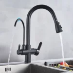 Rubinetto da cucina per purificazione dell'acqua Nero 360 ° Rubinetti dell'acqua con filtro rotante Spruzzatore estraibile Rubinetto miscelatore acqua calda fredda a 3 vie - Image 5