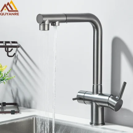 Rubinetto per lavello da cucina filtrato estraibile Spray Rubinetto per filtro dell'acqua con rotazione a 360 Doppio spruzzatore Rubinetto per acqua potabile Miscelatore per lavello