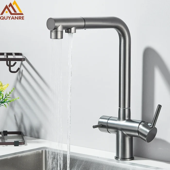 Rubinetto per lavello da cucina filtrato estraibile Spray Rubinetto per filtro dell'acqua con rotazione a 360 Doppio spruzzatore Rubinetto per acqua potabile Miscelatore per lavello