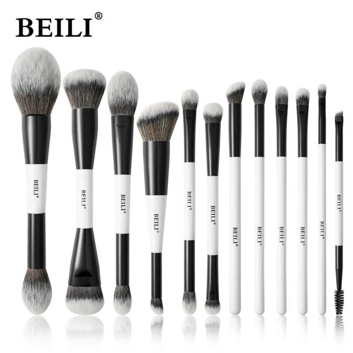 BEILI Set di pennelli per trucco a doppia estremità professionale 12 pezzi Kit di cosmetici per pennelli per fondotinta in polvere per contorno vegano