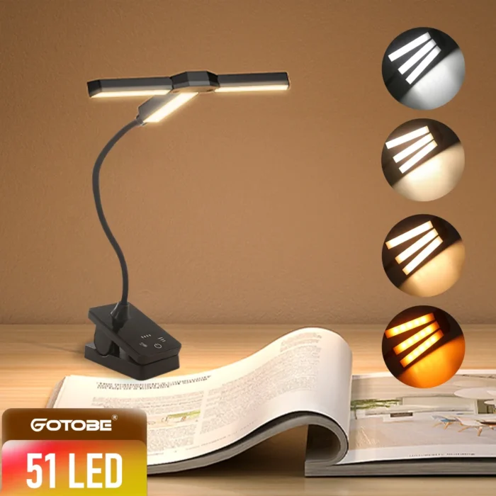Lampada da lettura per libri con clip a 51 LED per la cura degli occhi 4 modalità colori Luminosità regolabile Luci da scrivania rotanti flessibili Luce notturna per camera da letto