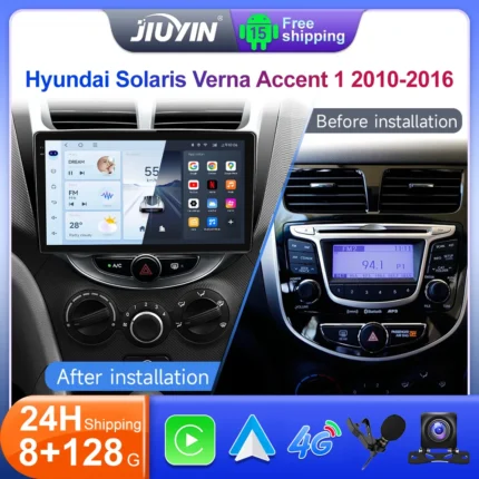 Autoradio JIUYIN 9 pollici Android 15 per Hyundai Accent Verna Solaris 2010-2016, lettore multimediale video, Carplay, 4G, WIFI, GPS, unità principale