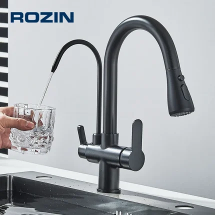 Rubinetto da cucina per purificazione dell'acqua Nero 360 ° Rubinetti dell'acqua con filtro rotante Spruzzatore estraibile Rubinetto miscelatore acqua calda fredda a 3 vie