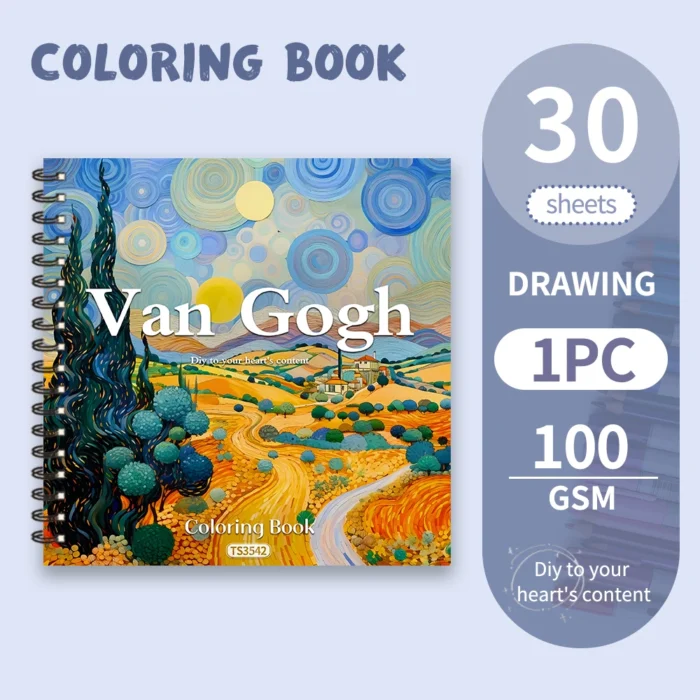 Libro da colorare Van Gogh - Libro da colorare per adulti da 30 fogli, 100 g/m8,3 x 8,3 pollici, libro da disegno, regalo di compleanno, regalo per feste