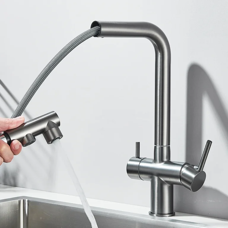 Rubinetto per lavello da cucina filtrato estraibile Spray Rubinetto per filtro dell'acqua con rotazione a 360 Doppio spruzzatore Rubinetto per acqua potabile Miscelatore per lavello
