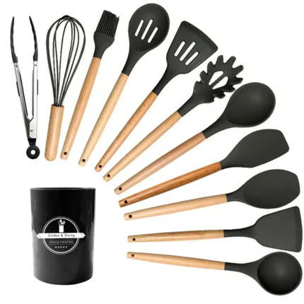 Set di utensili da cucina in silicone da 12 pezzi per pentole antiaderenti Cucina nera Outils Pentole Accessori resistenti al calore