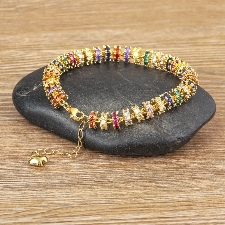 Nidin Bracciale con perline a catena placcata in oro moda per le donne Regali di gioielli per feste di nozze con zirconi di cristallo colorato a forma di cuore