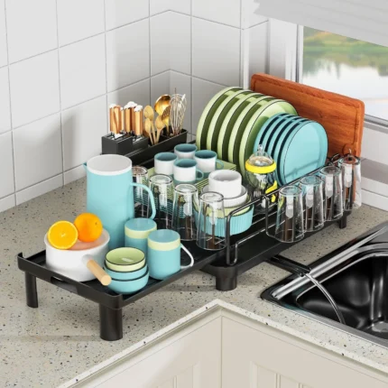 Stendino per piatti da cucina Organizzatore regolabile per piatti in acciaio inossidabile Stoviglie da cucina per la casa Supporto per asciugare l'asciugatura con cassetti