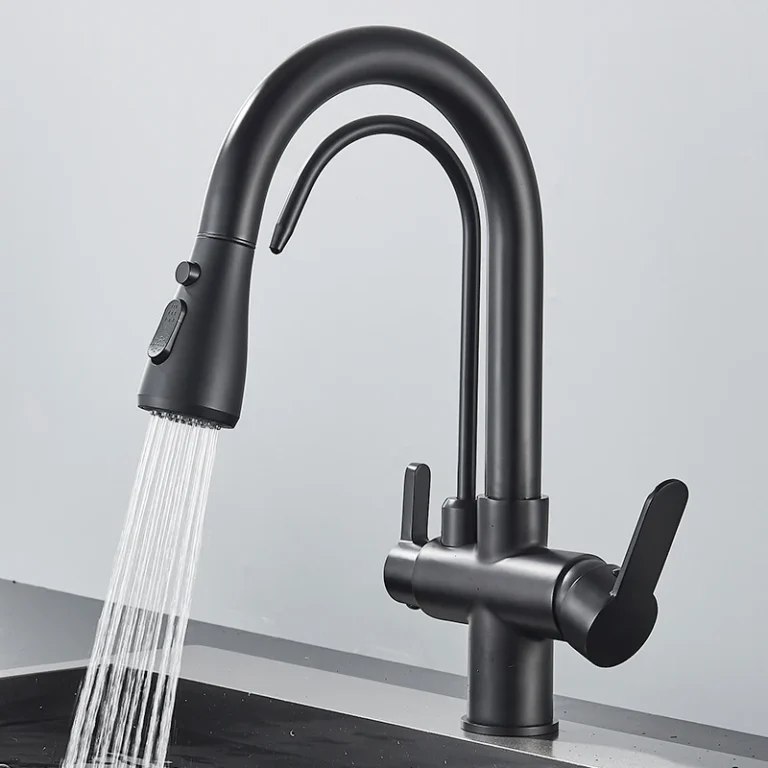 Quyanre Gru filtrato nero opaco per cucina Estraibile Spray Rotazione a 360 gradi Rubinetto filtro acqua Miscelatore lavello a tre vie Rubinetto della cucina