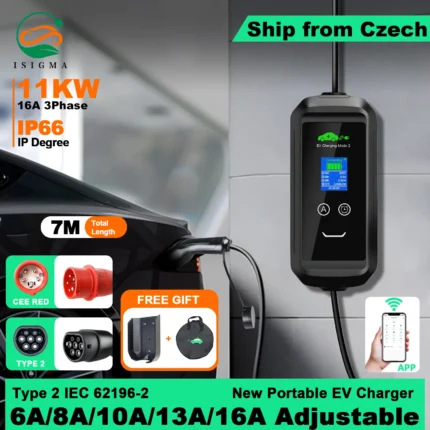 ISIGMA Caricatore portatile EV Type2 IEC62196-2 16A 11kw Tuya APP EVSE Ricarica Wallbox Totale 7M Type2 Spina Wallbox Auto elettriche