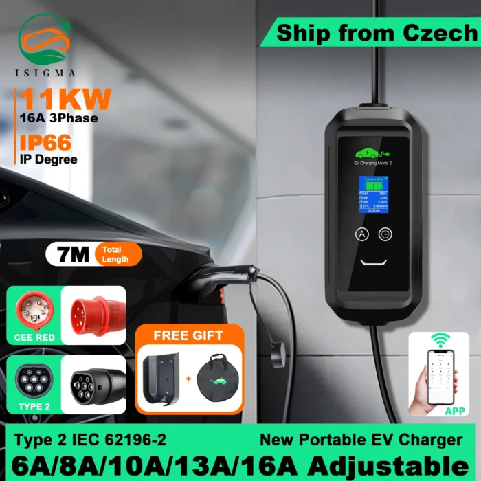 ISIGMA Caricatore portatile EV Type2 IEC62196-2 16A 11kw Tuya APP EVSE Ricarica Wallbox Totale 7M Type2 Spina Wallbox Auto elettriche