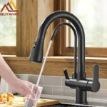 Quyanre Gru filtrato nero opaco per cucina Estraibile Spray Rotazione a 360 gradi Rubinetto filtro acqua Miscelatore lavello a tre vie Rubinetto della cucina