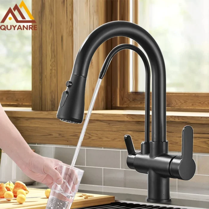 Quyanre Gru filtrato nero opaco per cucina Estraibile Spray Rotazione a 360 gradi Rubinetto filtro acqua Miscelatore lavello a tre vie Rubinetto della cucina
