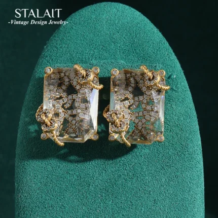 Orecchini di cristallo trasparente di design di lusso con strass a bottone, avvolgimento quadrato, gioielli vintage color oro, accessori di alta qualità