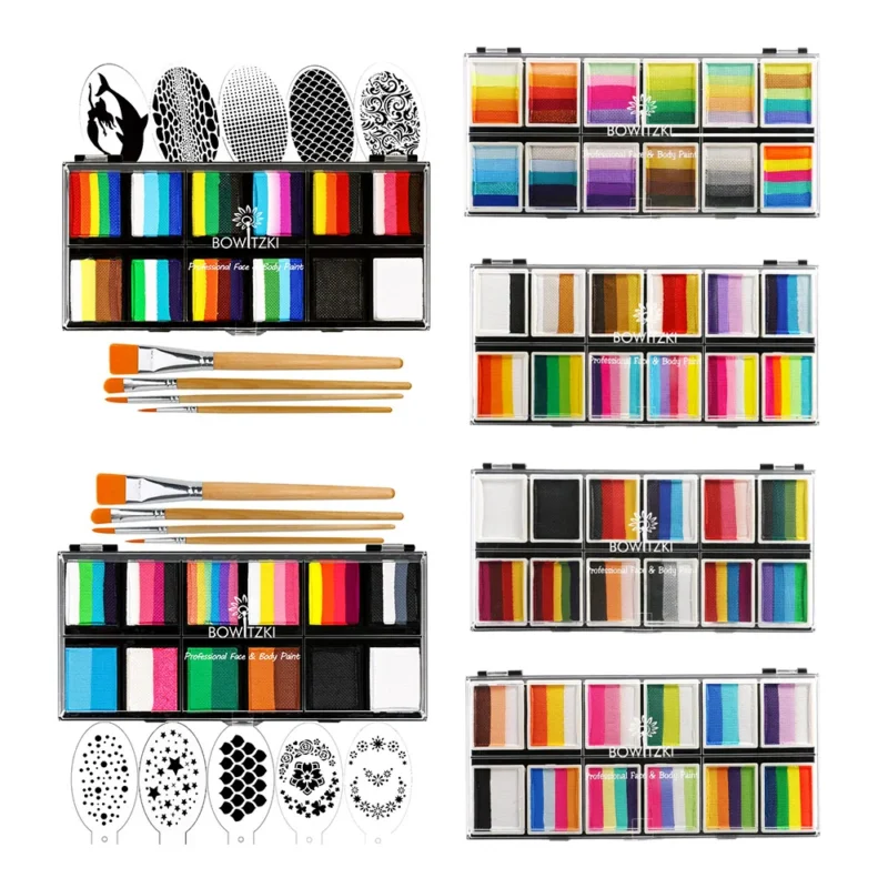Bowitzki Face Paint 12x10g Kit Professionale di Colori per il Corpo per Adulti, Stencil One Stroke Split Cake Rainbow Makeup
