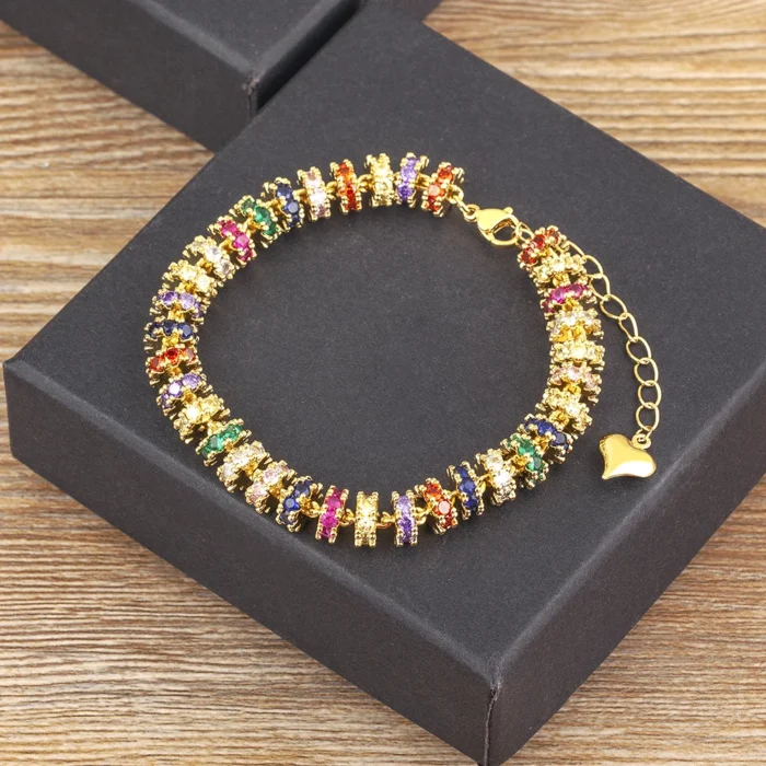 Nidin Bracciale con perline a catena placcata in oro moda per le donne Regali di gioielli per feste di nozze con zirconi di cristallo colorato a forma di cuore