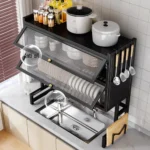 Stendino per piatti in acciaio al carbonio a 2 livelli Porta dell'armadio ribaltabile e pannello di copertura Scaffale per piatti sopra il lavello Scaffale per utensili da cucina