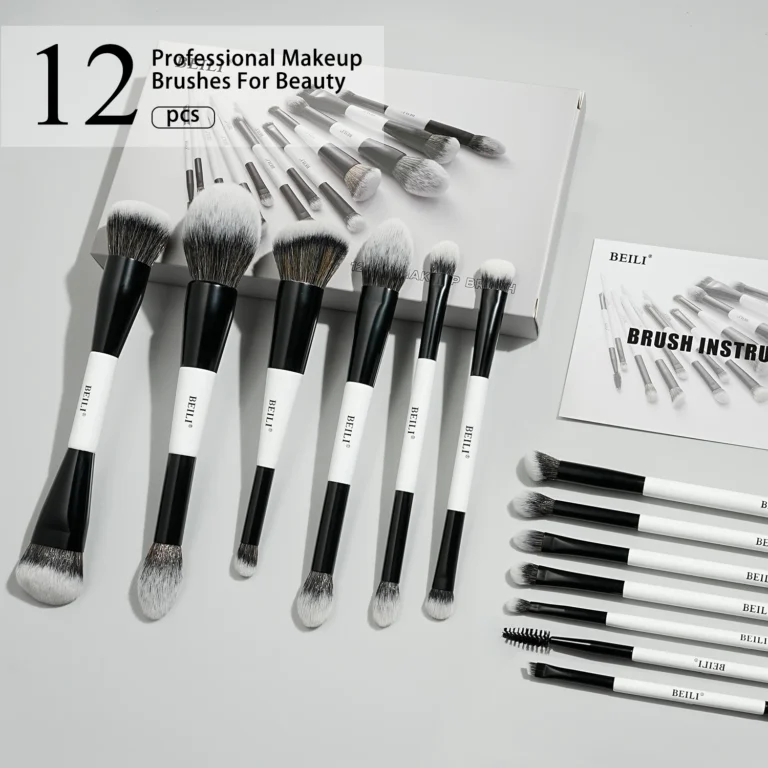 BEILI Set di pennelli per trucco a doppia estremità professionale 12 pezzi Kit di cosmetici per pennelli per fondotinta in polvere per contorno vegano