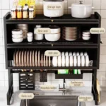 Stendino per piatti in acciaio al carbonio a 2 livelli Porta dell'armadio ribaltabile e pannello di copertura Scaffale per piatti sopra il lavello Scaffale per utensili da cucina